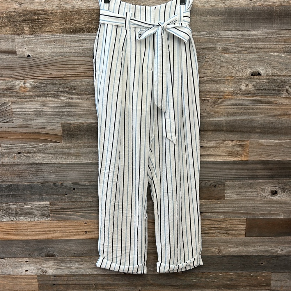 Moon River Blue White Striped High Waist Paper Bag Pant NWT